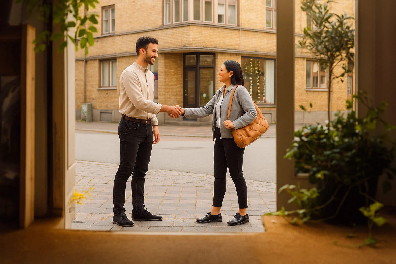 Mann und Frau schütteln sich im modernen Büro die Hand – Symbol für erfolgreiche Immobilienvermarktung und Immobilien-Verkauf für Eigentümer.